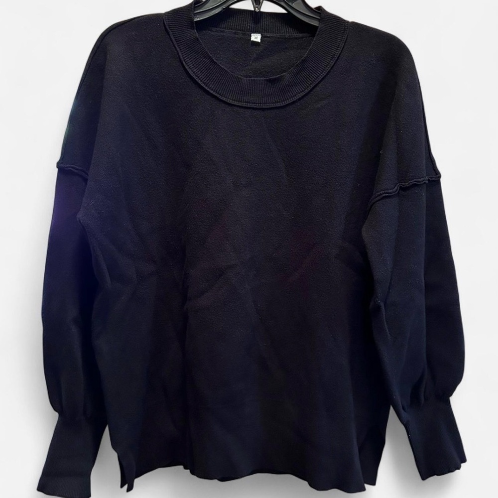 Black Puff Sleeve Top Long Sleeve Crewneck Minimalist Oversized Sz Medium